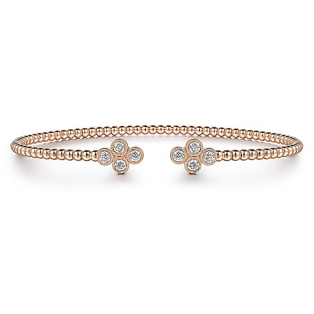 Gabriel & Co. BG4124-62K45JJ 14K Rose Gold Bujukan Bead Split Cuff Bracelet with Quatrefoil Diamond Endcaps