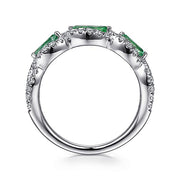 Gabriel & Co. LR50257W45EA 14K White Gold Twisted Diamond Rows and Emerald Marquise Stones Ring