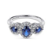 Gabriel & Co. LR50333W45SA 14k White Gold 3 Stone Sapphire and Pavé Diamond Halo Ring