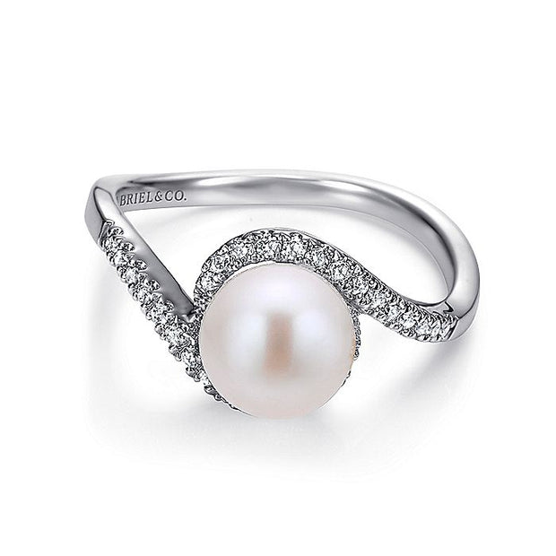 Gabriel & Co. LR6082W45PL 14k White Gold Cultured Pearl Diamond Bypass Ring