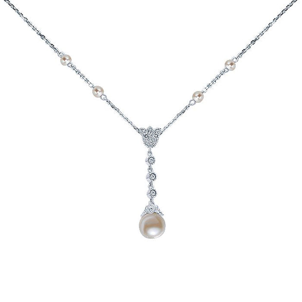 Gabriel & Co. NK1156W45PL 14K White Gold Diamond and Cultured Pearl Y Knot Necklace