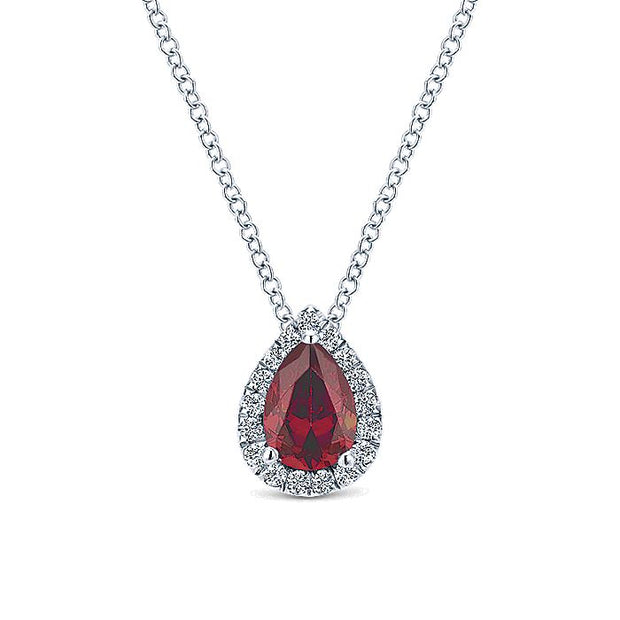 Gabriel & Co. NK3603W45RA 18 inch 14K White Gold Pear Shaped Ruby and Diamond Halo Pendant Necklace