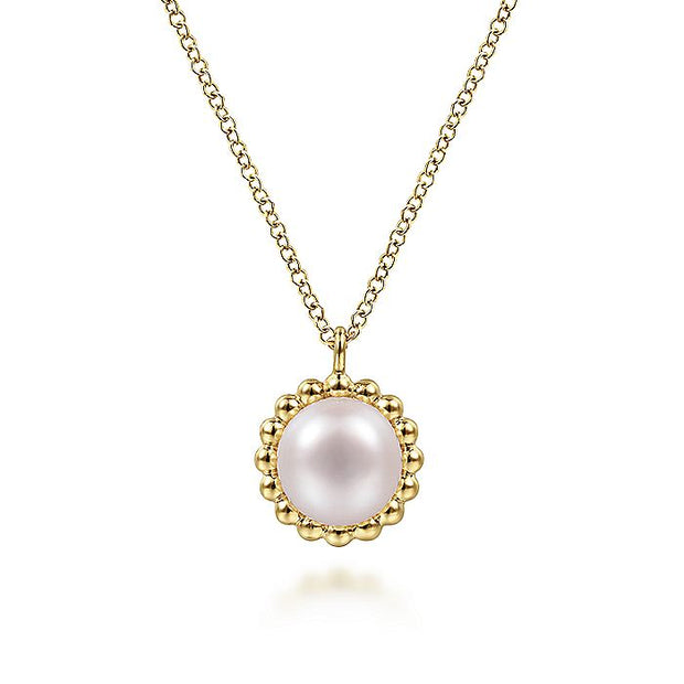 Gabriel & Co. NK6412Y4JPL 14K Yellow Gold Round Pearl Pendant Necklace with Bujukan Beaded Frame