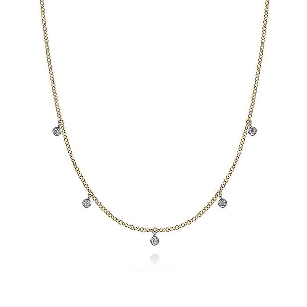 Gabriel & Co. NK6469M45JJ 14K Yellow-White Gold Chain Necklace with Bezel Set Diamond Drops