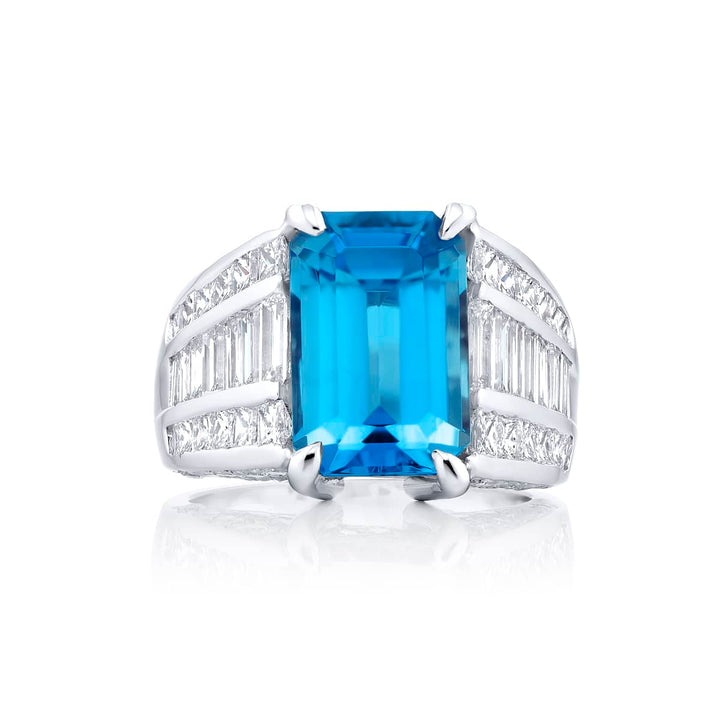 Platinum Emerald-Cut Aquamarine Micro Pave Ring