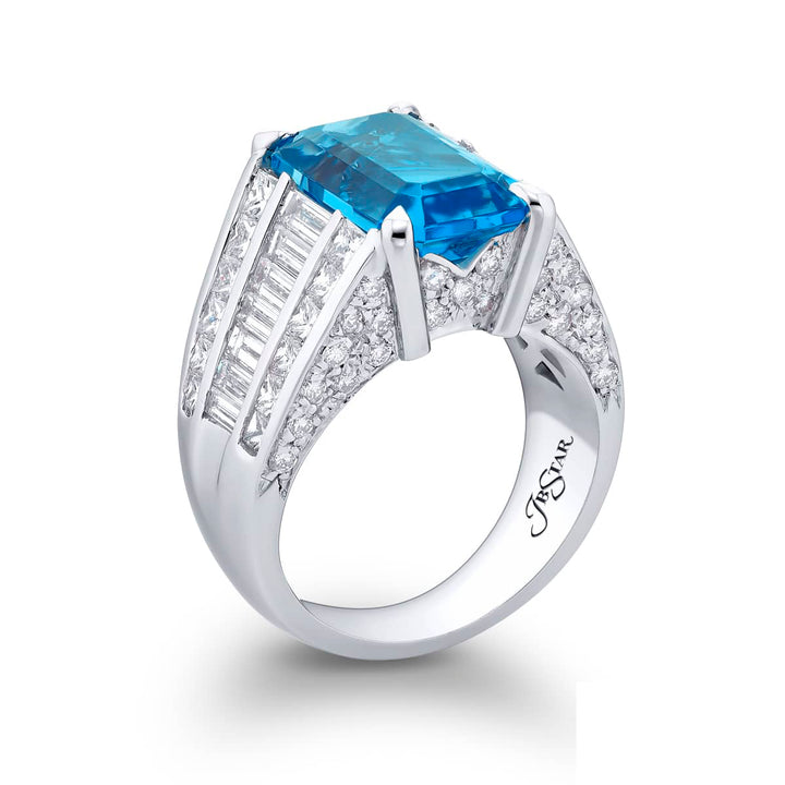 Platinum Emerald-Cut Aquamarine Micro Pave Ring