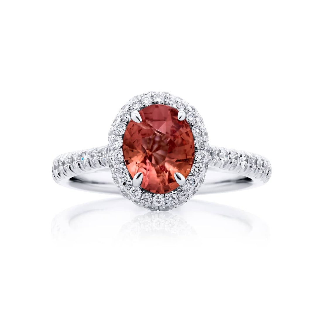 Platinum Oval Padparadscha Sapphire Certified Micro Pave Ring