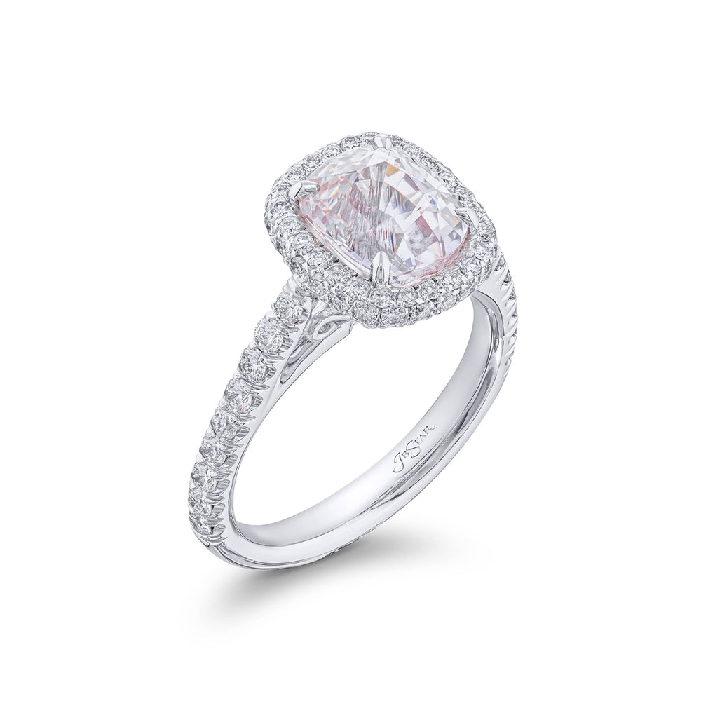 Breathtaking Radiance: Our exquisite 3.09 ct. certified White Sapphire Ring. This beautiful cushion-cut white sapphire cradled in micro pave diamonds is handcrafted in pure platinum.