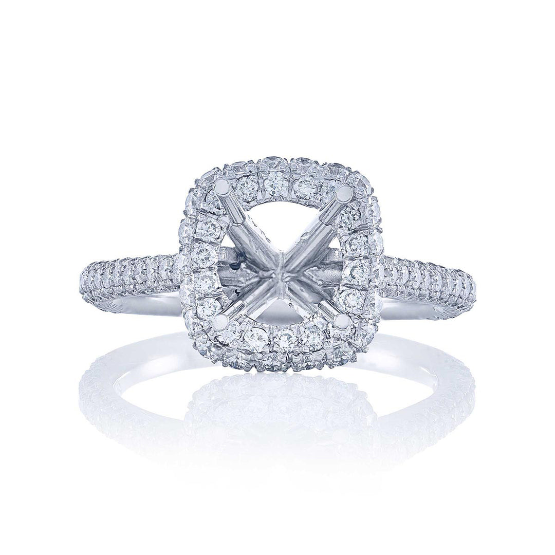Beautiful diamond semi-mount featuring round diamonds in a micro pave halo setting. Handcrafted in pure platinum.