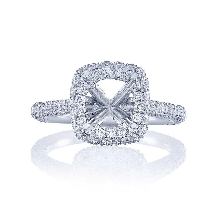 Beautiful diamond semi-mount featuring round diamonds in a micro pave halo setting. Handcrafted in pure platinum.