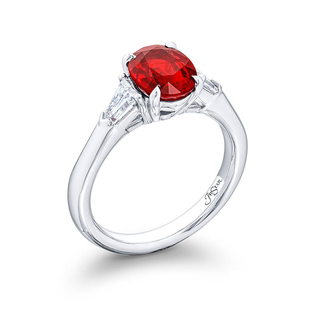 Breathtaking Radiance: Our elegant 2.16 ct. certified Ruby Ring. This stunning oval ruby flanked by tapered baguette diamonds is handcrafted in pure platinum.