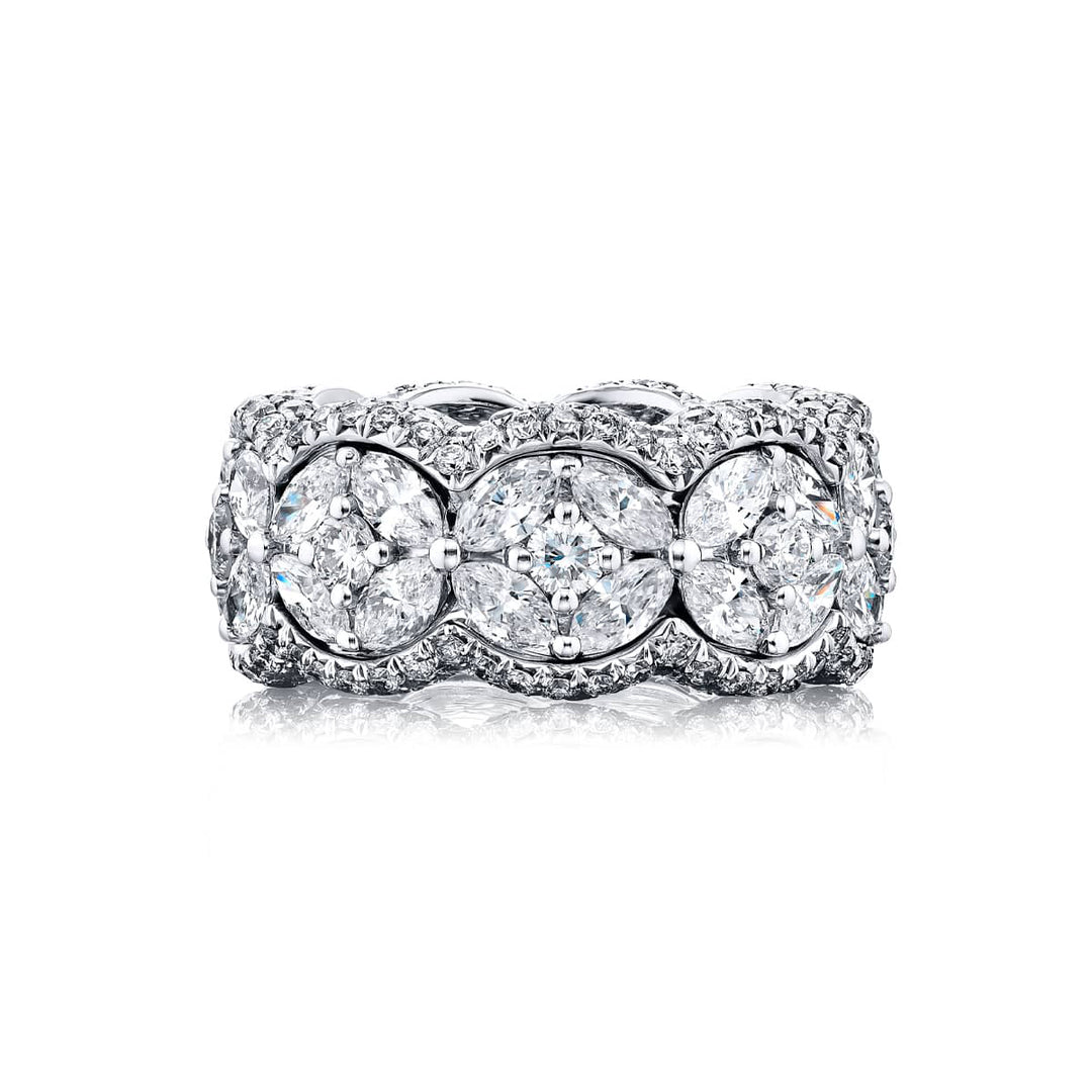 Alluring Eternity: Our beautiful Three-Row Diamond Eternity Band. These stunning marquise diamonds embraced by round and micro pave diamonds are handcrafted in pure platinum.