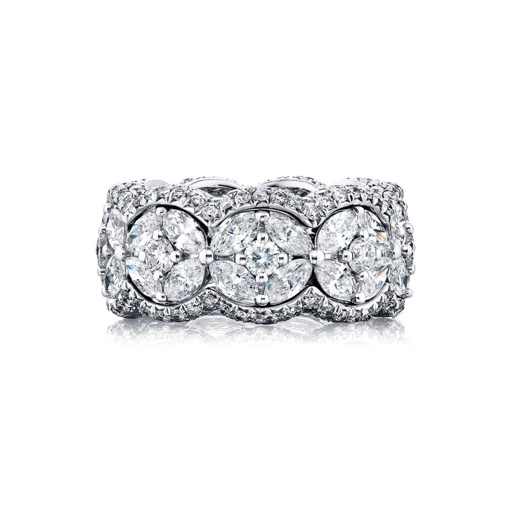 Alluring Eternity: Our beautiful Three-Row Diamond Eternity Band. These stunning marquise diamonds embraced by round and micro pave diamonds are handcrafted in pure platinum.