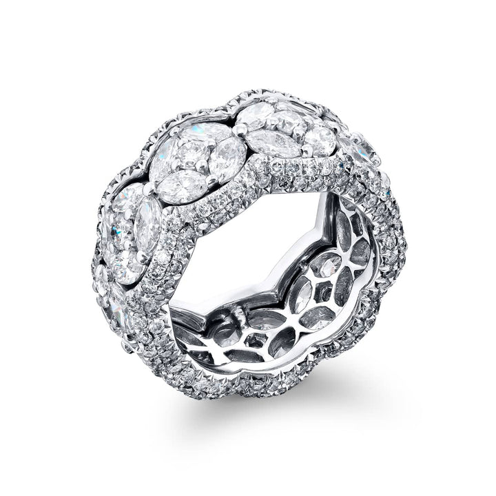 Alluring Eternity: Our beautiful Three-Row Diamond Eternity Band. These stunning marquise diamonds embraced by round and micro pave diamonds are handcrafted in pure platinum.