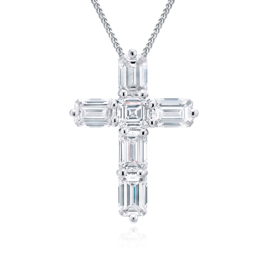 Platinum Emerald-Cut Diamond Cross Pendant