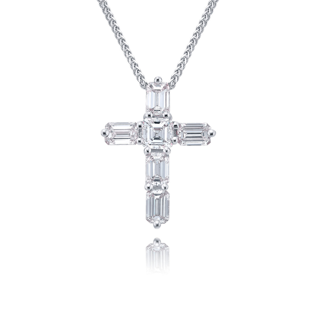 Platinum Emerald-Cut Diamond Cross Pendant
