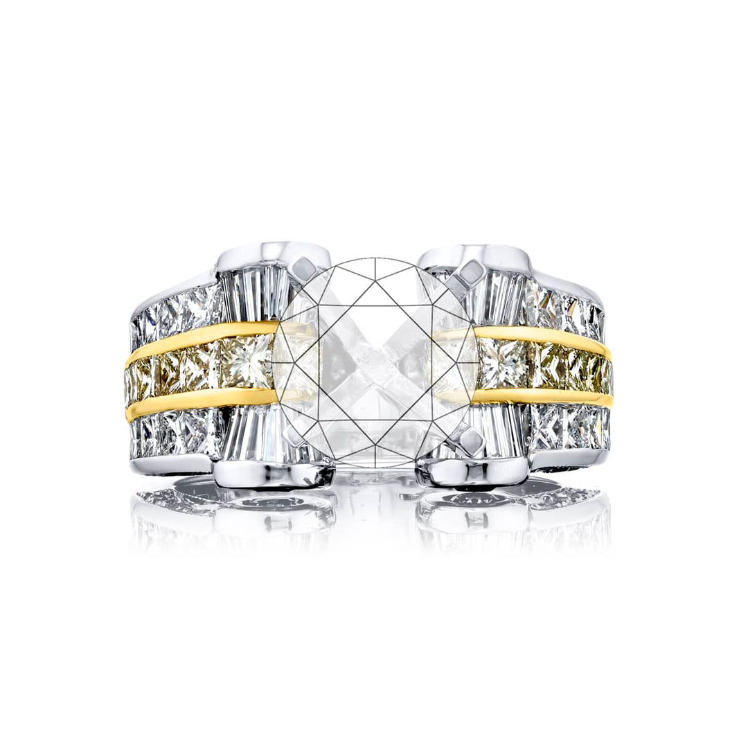Dazzling Brilliance: Our timeless Diamond Scroll Semi-mount. These beautiful tapered baguette round and princess-cut diamonds are set in a scroll set handcrafted in pure platinum and 18KY gold.