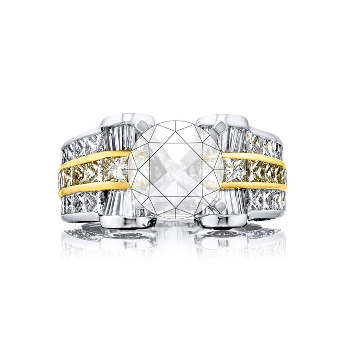 Dazzling Brilliance: Our timeless Diamond Scroll Semi-mount. These beautiful tapered baguette round and princess-cut diamonds are set in a scroll set handcrafted in pure platinum and 18KY gold.