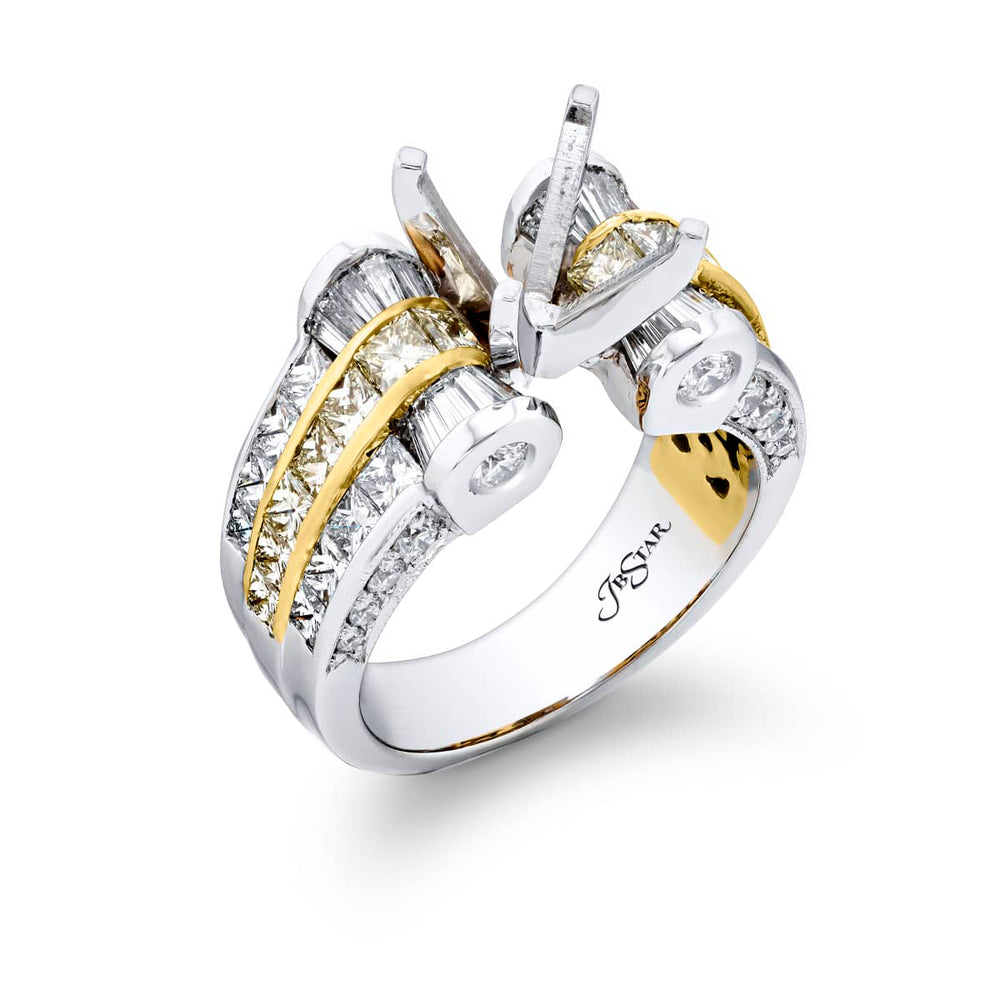Dazzling Brilliance: Our timeless Diamond Scroll Semi-mount. These beautiful tapered baguette round and princess-cut diamonds are set in a scroll set handcrafted in pure platinum and 18KY gold.