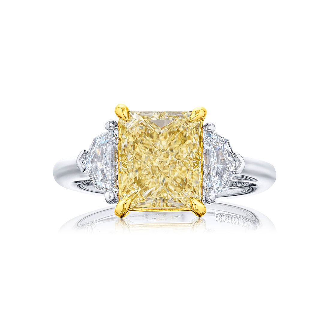 3.29 ct GIA Certified Fancy Yellow Diamond Ring | Radiant-Cut Fancy Yellow Diamond with Epaulette Diamonds in Platinum & 18K Yellow Gold