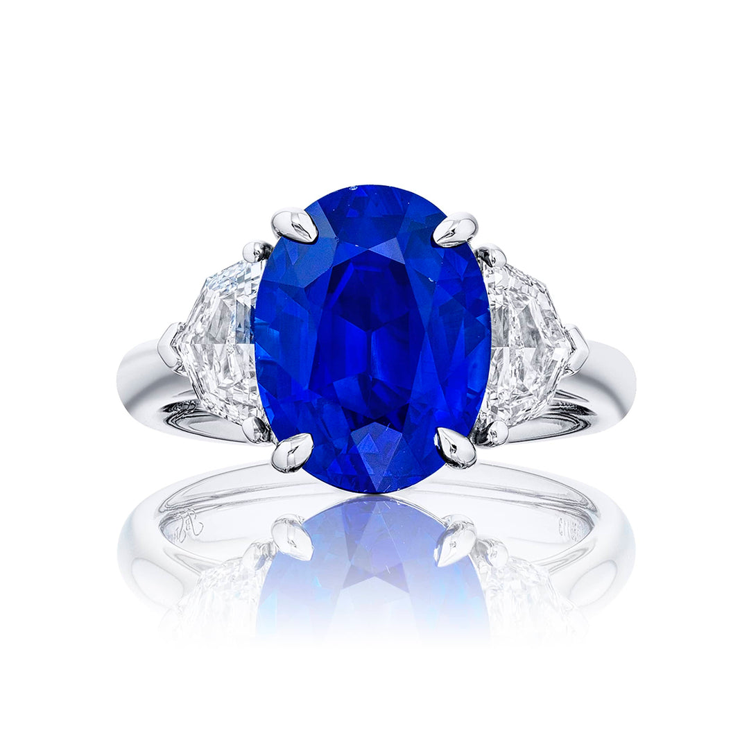 5.58 ct Certified Royal Blue Sri Lankan Sapphire & Diamond Ring | Oval Sapphire with Epaulet Diamonds in Platinum | Breathtaking Radiance by Jb Star
