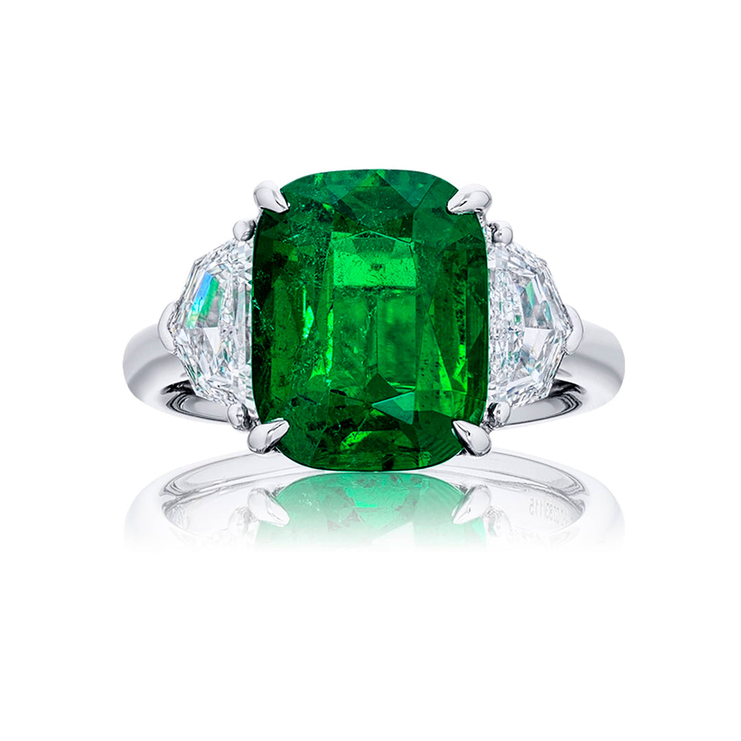 4.80 ct Certified Vivid Green Zambian Emerald & Diamond Ring | Cushion-Cut Emerald with Epaulet Diamonds in Platinum | Breathtaking Radiance by Jb Star