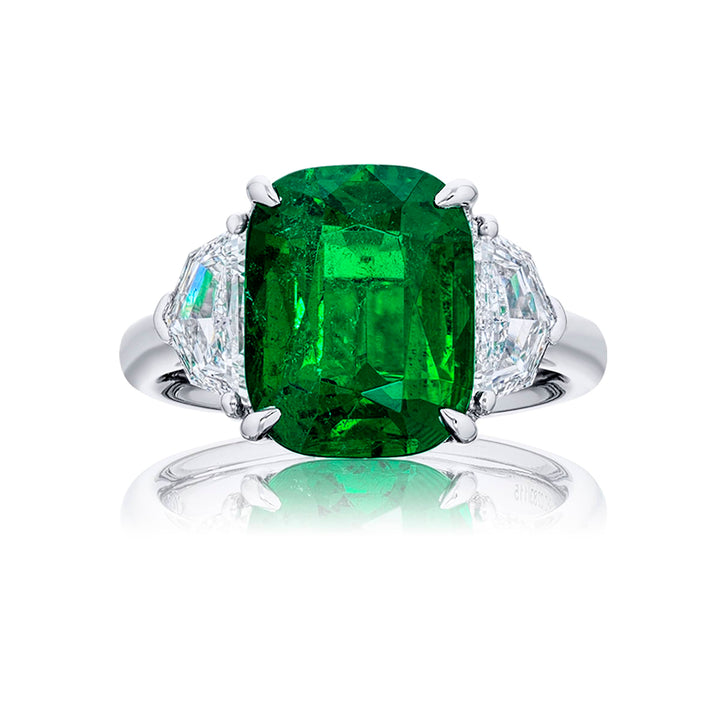4.80 ct Certified Vivid Green Zambian Emerald & Diamond Ring | Cushion-Cut Emerald with Epaulet Diamonds in Platinum | Breathtaking Radiance by Jb Star