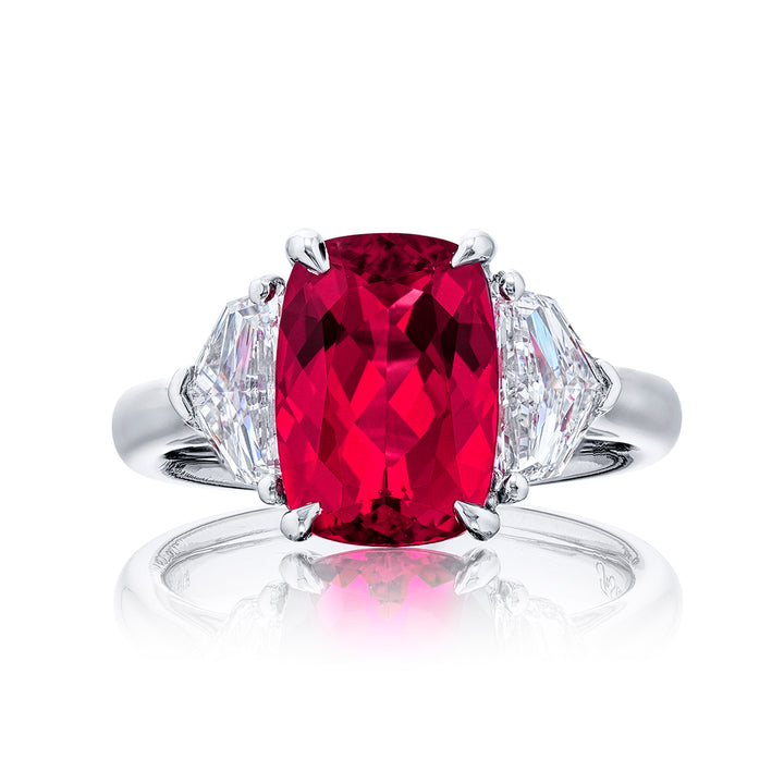 3.35 ct No-Heat Certified Pinkish-Red Spinel & Diamond Ring | Cushion-Cut Spinel with Epaulet Diamonds in Platinum | Breathtaking Radiance by Jb Star