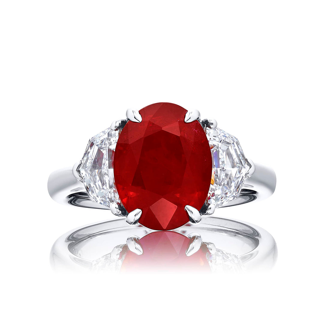 5.13 ct Certified Burmese Pigeon Blood Ruby & Diamond Ring | Oval-Cut Ruby with Epaulet Diamonds in Platinum | Breathtaking Radiance by Jb Star
