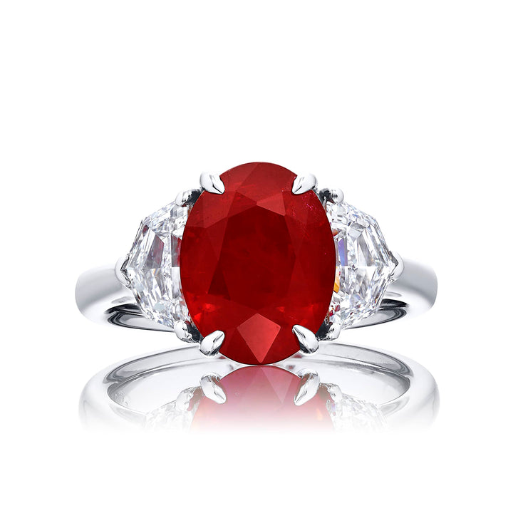 5.13 ct Certified Burmese Pigeon Blood Ruby & Diamond Ring | Oval-Cut Ruby with Epaulet Diamonds in Platinum | Breathtaking Radiance by Jb Star