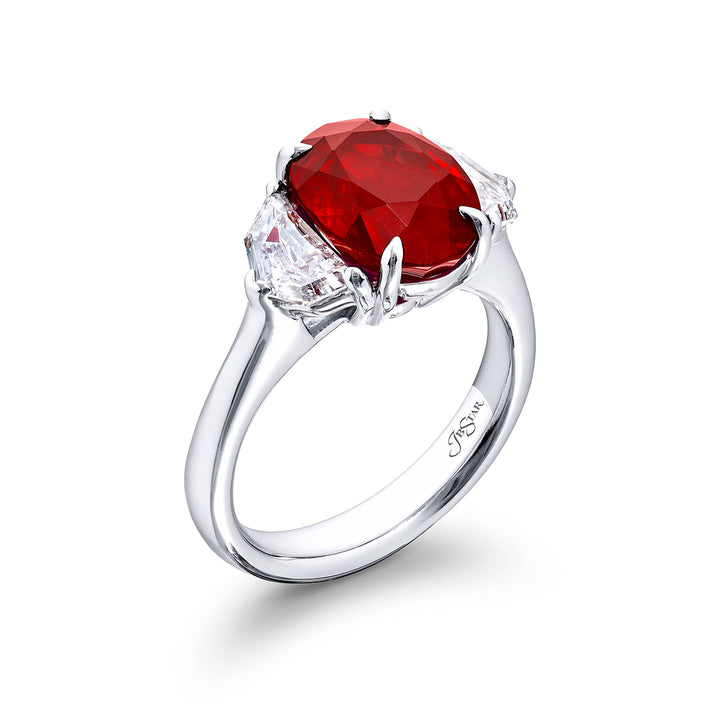 5.13 ct Certified Burmese Pigeon Blood Ruby & Diamond Ring | Oval-Cut Ruby with Epaulet Diamonds in Platinum | Breathtaking Radiance by Jb Star