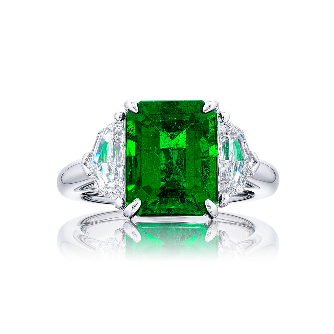 4.34 ct Certified Vivid Green Emerald & Diamond Ring | Emerald-Cut Emerald with Epaulet Diamonds in Platinum | Breathtaking Radiance by Jb Star