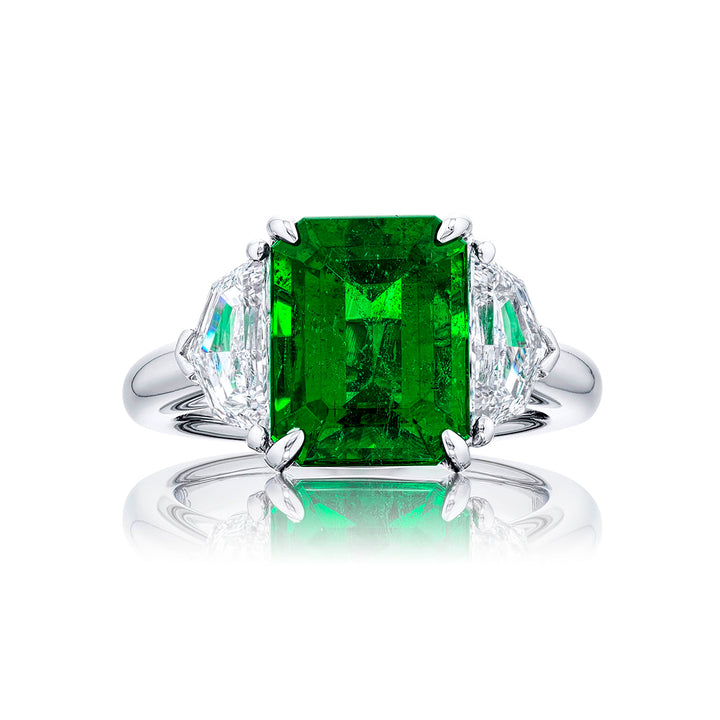 4.34 ct Certified Vivid Green Emerald & Diamond Ring | Emerald-Cut Emerald with Epaulet Diamonds in Platinum | Breathtaking Radiance by Jb Star