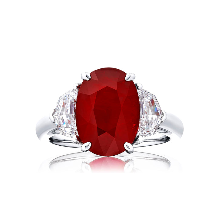 6.08 ct Certified Burmese Intense Red Ruby Ring | Oval-Cut Ruby with Epaulet Diamonds in Platinum | Breathtaking Radiance by Jb Star