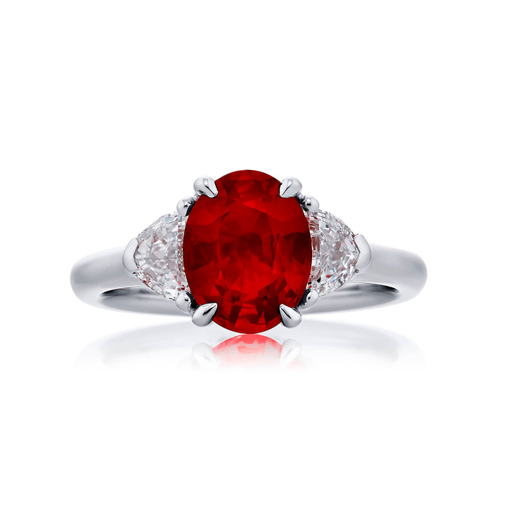 Breathtaking Radiance: Our beautiful 2.17 ct. certified Ruby Ring. This beautiful oval ruby flanked by dazzling epaulette diamonds is handcrafted in pure platinum.