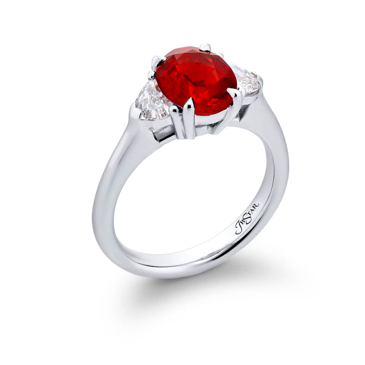 Breathtaking Radiance: Our beautiful 2.17 ct. certified Ruby Ring. This beautiful oval ruby flanked by dazzling epaulette diamonds is handcrafted in pure platinum.