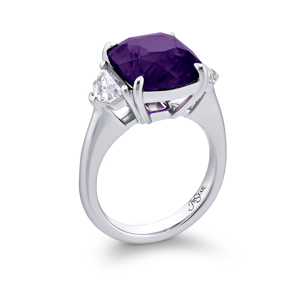 Breathtaking Radiance: Our magnificent 8.50 ct. certified No-Heat Purple Sapphire Ring. This beautiful cushion-cut purple sapphire flanked by epaulette diamonds is handcrafted in pure platinum.
