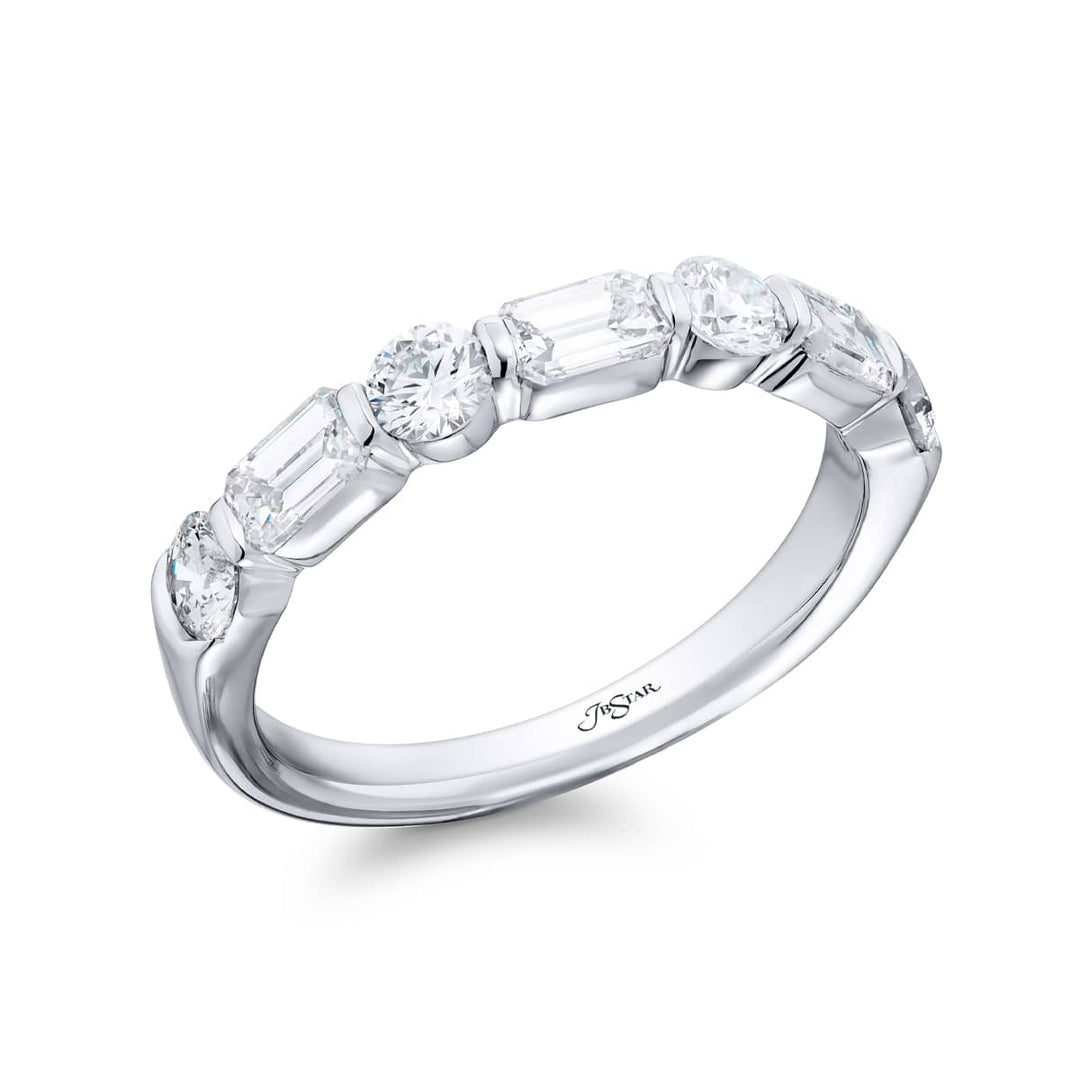 Elegance Elevated: Our stunning 1.14 ctw. East-West Bar Set Diamond Band. These beautiful emerald-cut diamonds accompany round diamonds and are handcrafted in pure platinum.