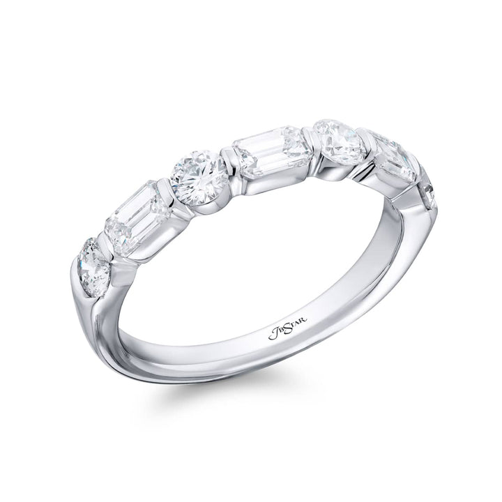 Elegance Elevated: Our stunning 1.14 ctw. East-West Bar Set Diamond Band. These beautiful emerald-cut diamonds accompany round diamonds and are handcrafted in pure platinum.