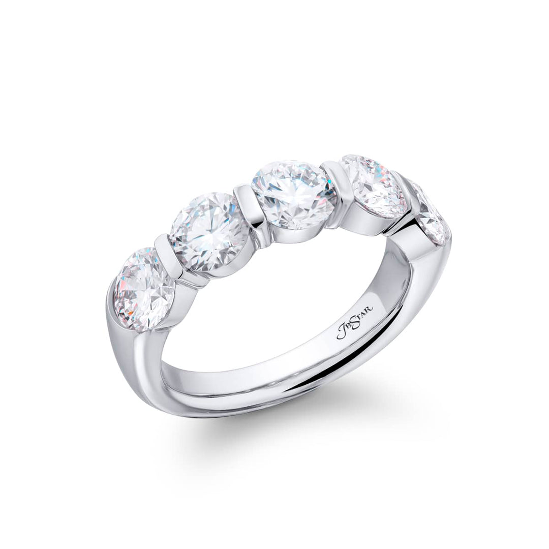 Elegance Elevated: Our signature 2.77 ctw. Bar Set Diamond Band. These five beautiful round diamonds are handcrafted in pure platinum.