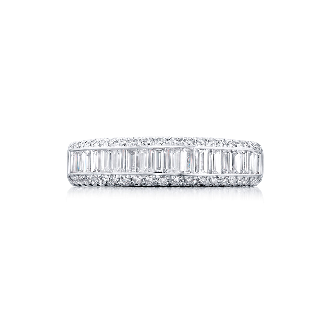 Elegance Elevated: Our classic 1.20 ctw. Channel Diamond Band. These twenty beautiful straight baguette diamonds embraced by round diamonds are handcrafted in pure platinum.