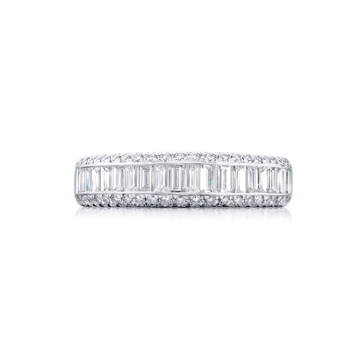 Elegance Elevated: Our classic 1.20 ctw. Channel Diamond Band. These twenty beautiful straight baguette diamonds embraced by round diamonds are handcrafted in pure platinum.