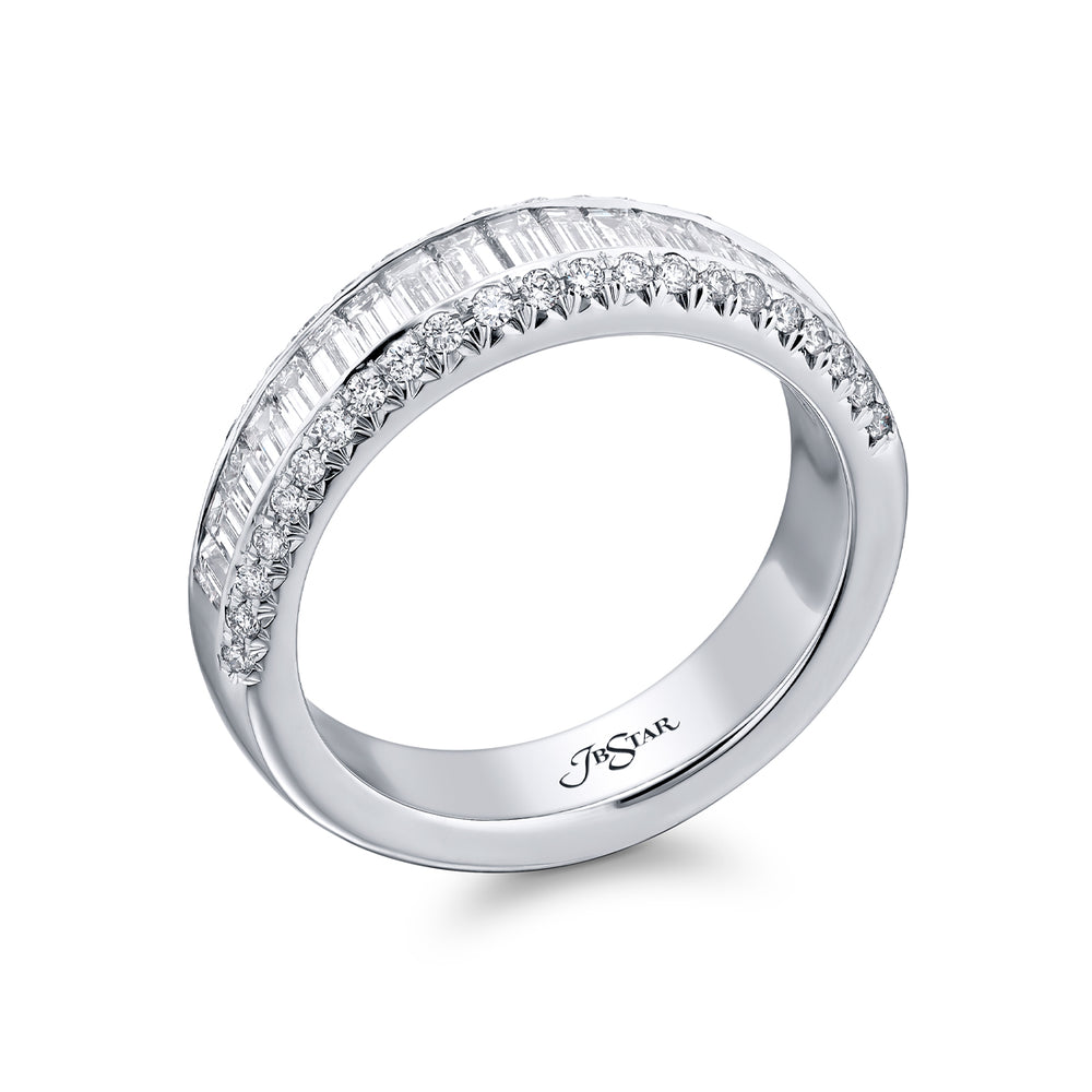 Elegance Elevated: Our classic 1.20 ctw. Channel Diamond Band. These twenty beautiful straight baguette diamonds embraced by round diamonds are handcrafted in pure platinum.