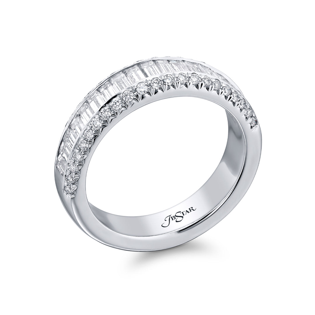 Elegance Elevated: Our classic 1.20 ctw. Channel Diamond Band. These twenty beautiful straight baguette diamonds embraced by round diamonds are handcrafted in pure platinum.