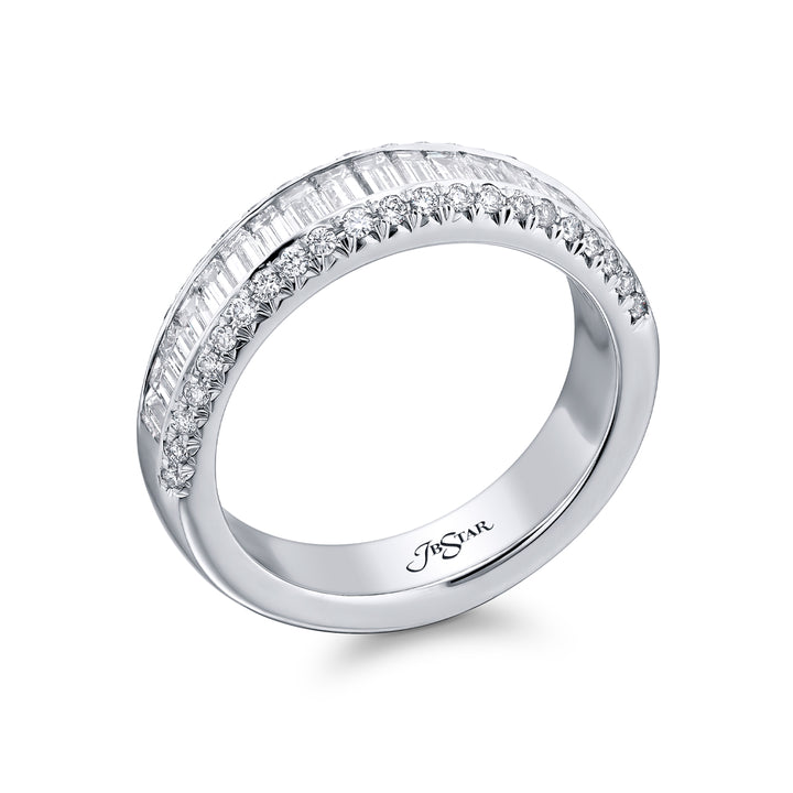 Elegance Elevated: Our classic 1.20 ctw. Channel Diamond Band. These twenty beautiful straight baguette diamonds embraced by round diamonds are handcrafted in pure platinum.