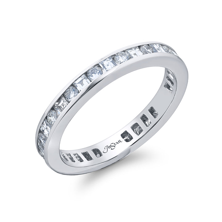 Alluring Eternity: Our stunning Channel Diamond Eternity Band. These beautiful square emerald-cut and round diamonds are handcrafted in pure platinum.