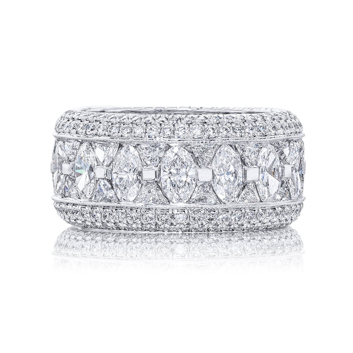 Gorgeous diamond eternity band featuring stunning trillion and marquise diamonds all edged in micro pave. Handcrafted in pure platinum.