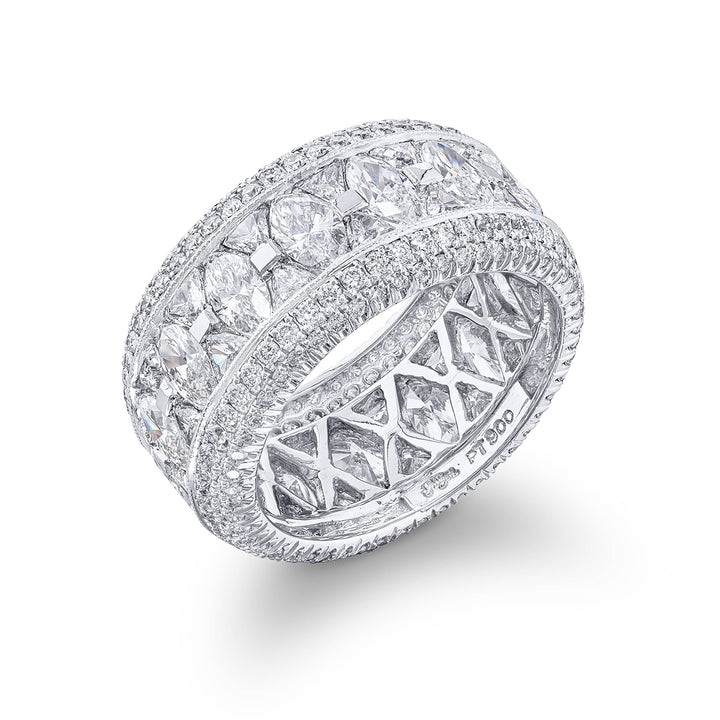 Gorgeous diamond eternity band featuring stunning trillion and marquise diamonds all edged in micro pave. Handcrafted in pure platinum.