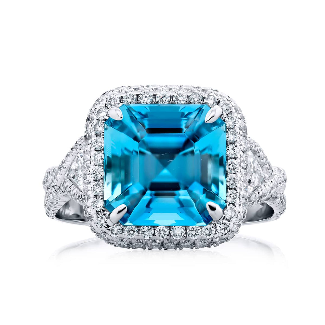 Platinum Square Emerald-Cut Aquamarine Micro Pave Ring