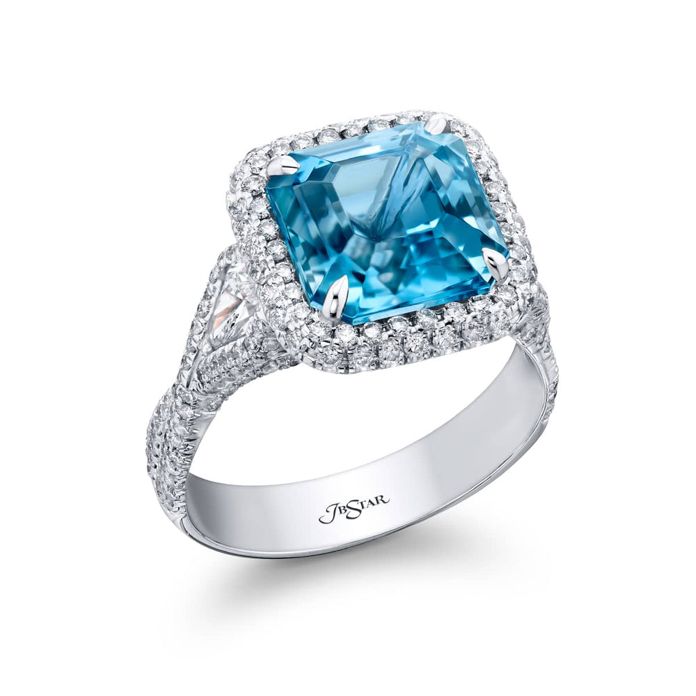 Platinum Square Emerald-Cut Aquamarine Micro Pave Ring